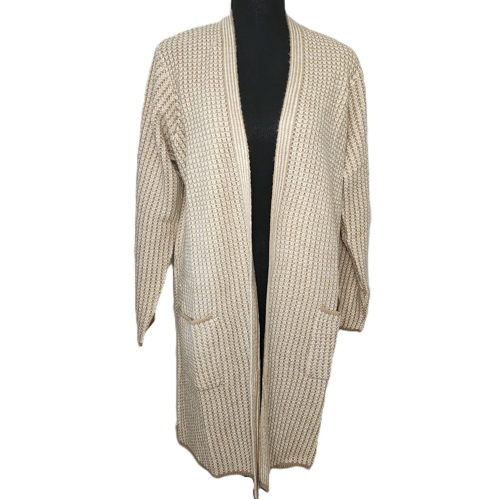 Fortune +‎ Ivy Cardigan Oatmeal Waffle Knit Open Front Longline Womens Large